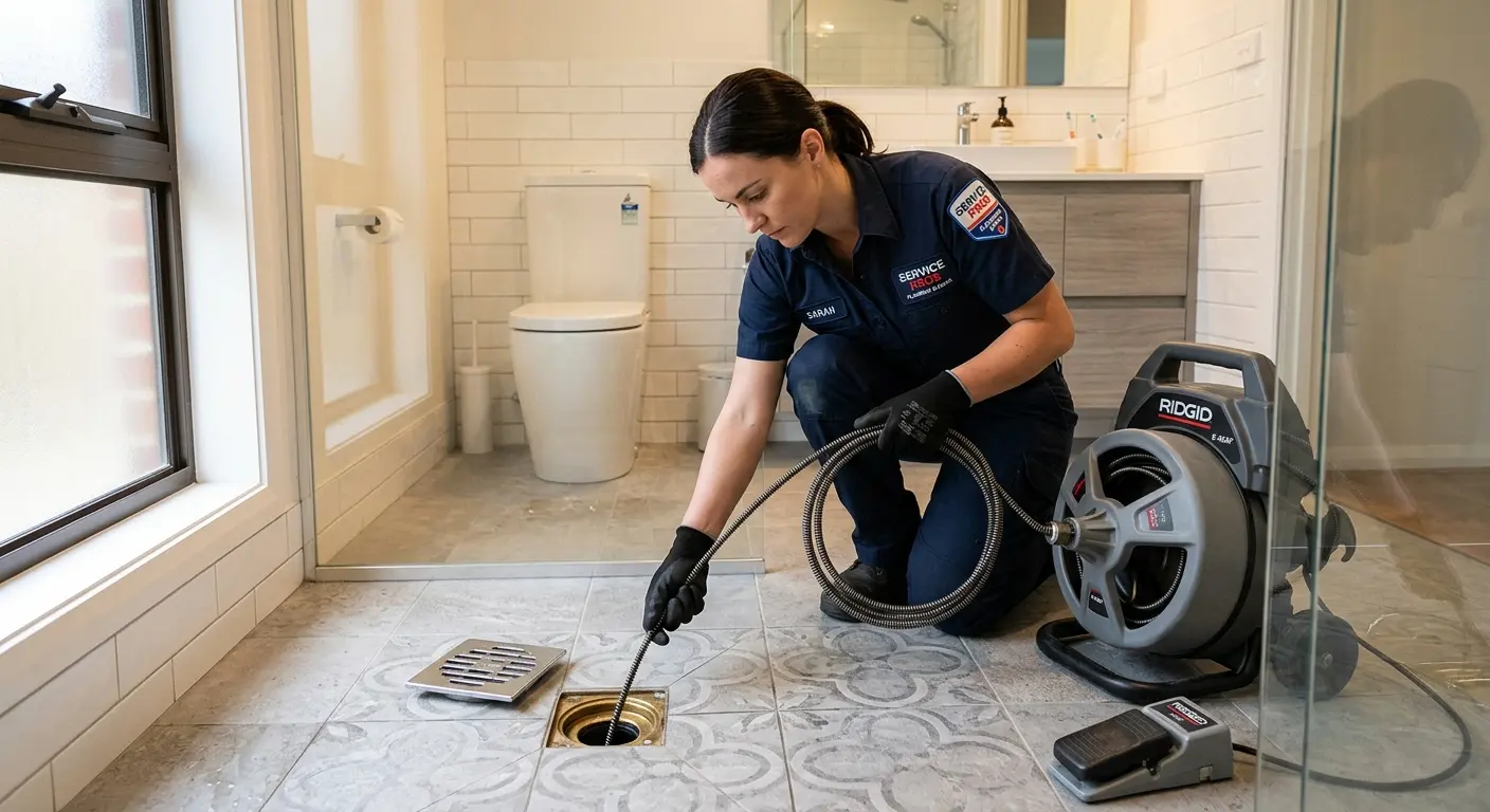 Technician clearing a bathroom floor drain for Sewer Line Replacement in Frankfort